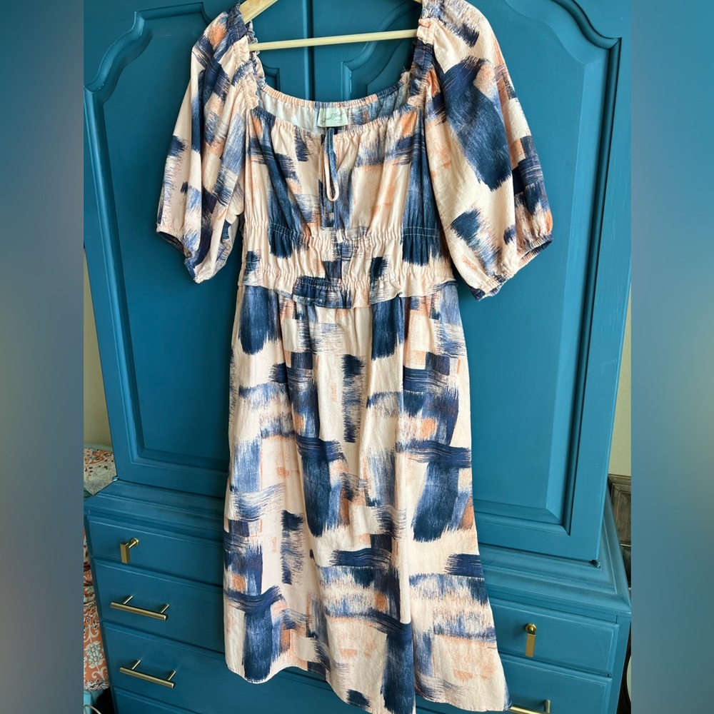 Abstract Print Peasant Style Dress in Pink and Blue